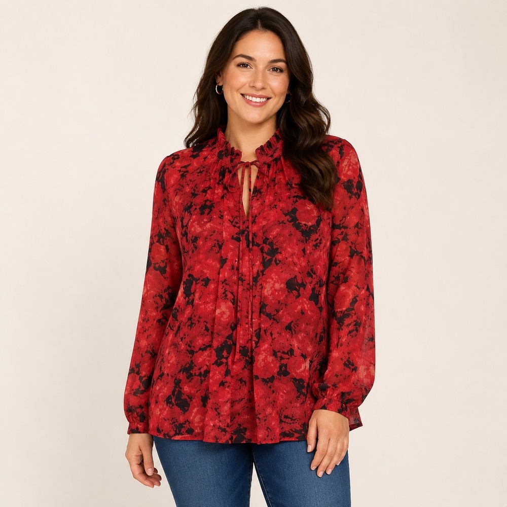 JOE FRESH Size Medium Sheer Red Black Rose Ruffle Collar Pleated Chiffon Blouse